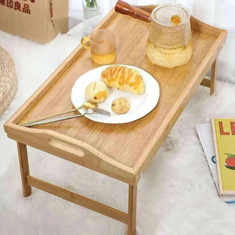 Foldable Bamboo Laptop Desk Bed Tray with Storage 50cm-yellow
