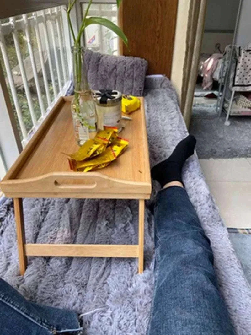 Foldable Bamboo Laptop Desk Bed Tray with Storage 50cm-yellow