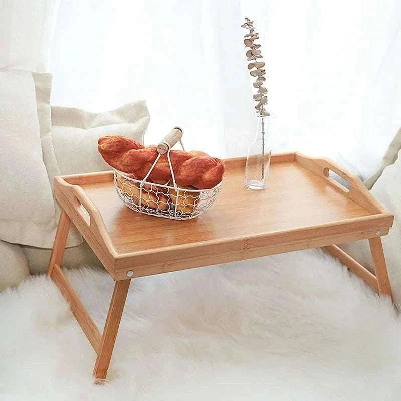 Foldable Bamboo Laptop Desk Bed Tray with Storage 50cm-yellow
