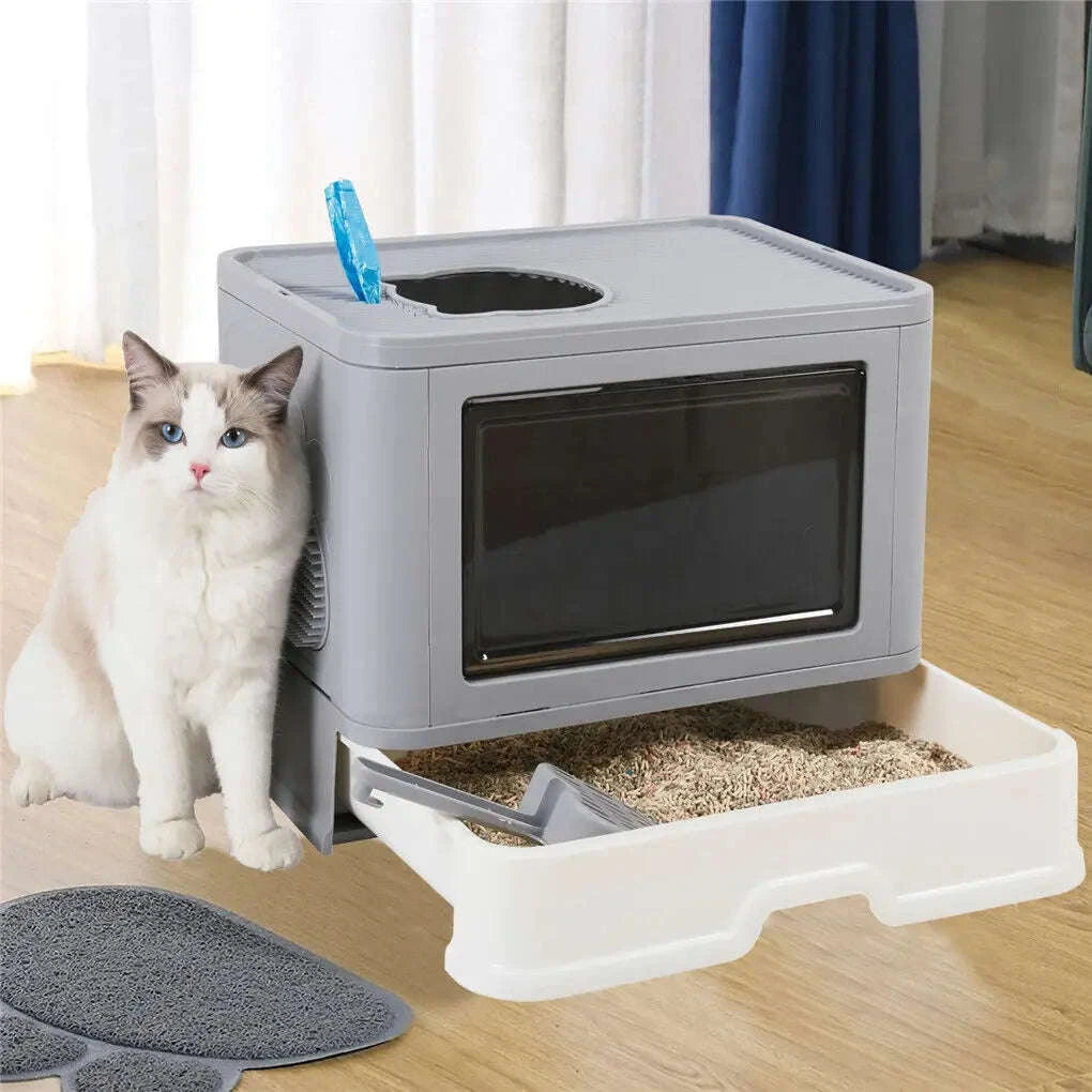 Foldable Cat Litter Box with Front Entry and Top Exit-Grey / United States