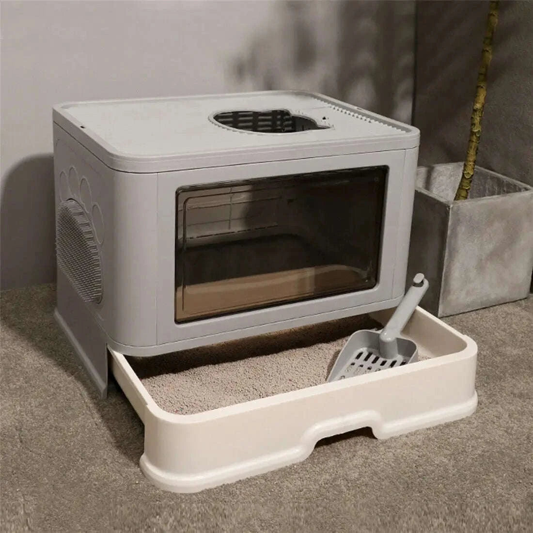 Foldable Cat Litter Box with Front Entry and Top Exit-Grey / United States