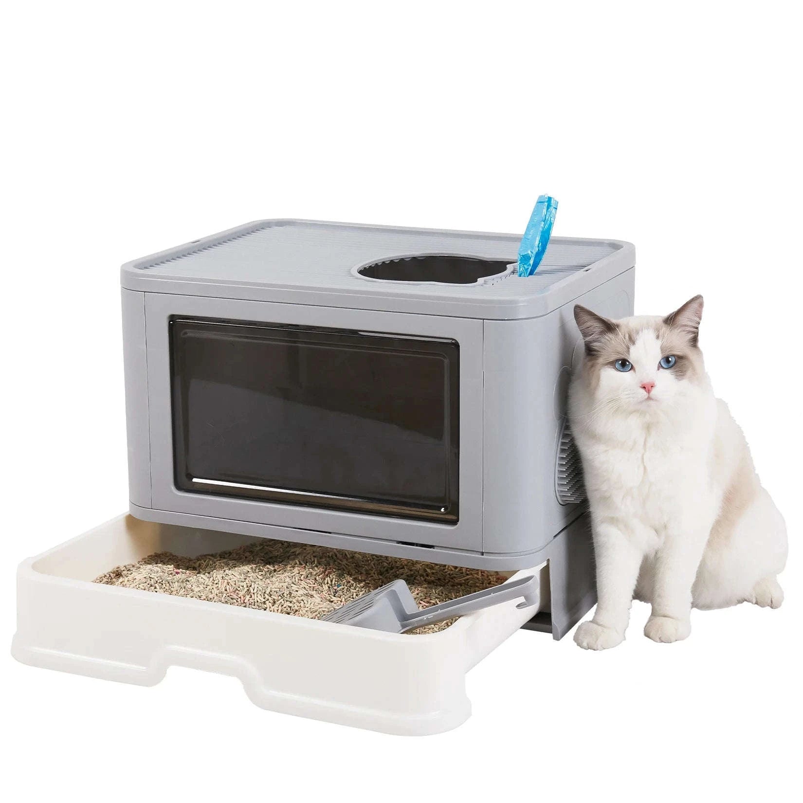 Foldable Cat Litter Box with Front Entry and Top Exit-Grey / United States