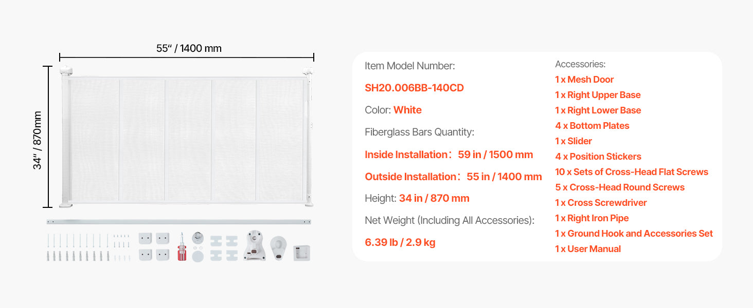 Retractable Baby Gate 34" Tall Extendable Mesh Safety Gate
