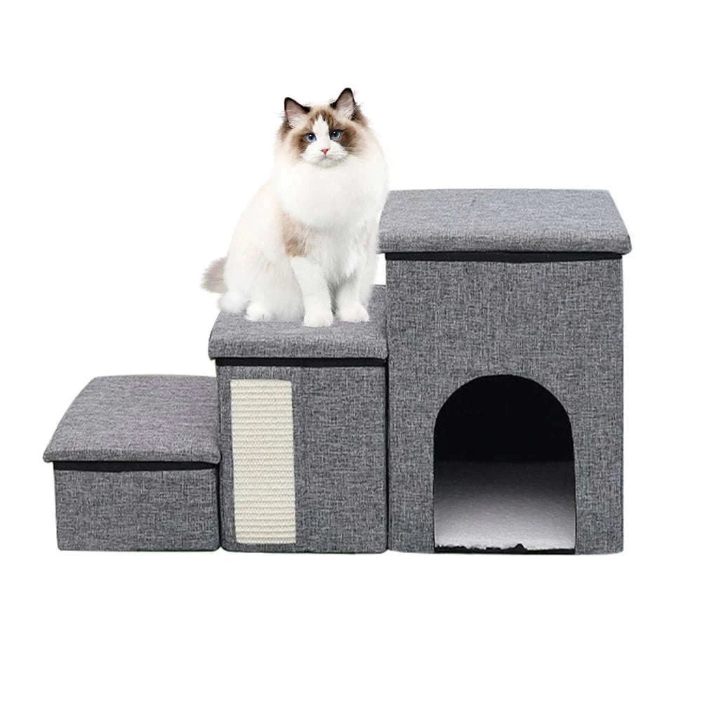 Foldable Dog Stairs with Storage 3-Step Pet Ramp for Bed & Sofa-Grey / france