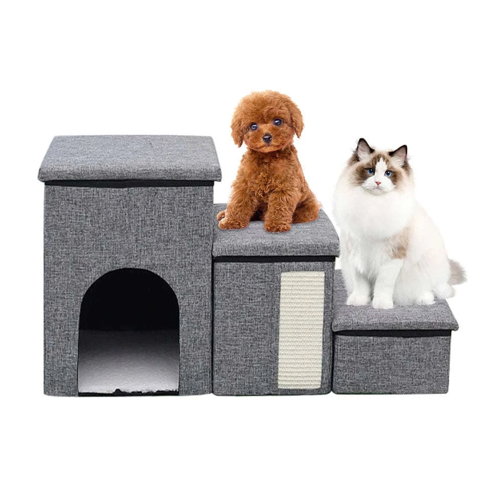 Foldable Dog Stairs with Storage 3-Step Pet Ramp for Bed & Sofa-Grey / france