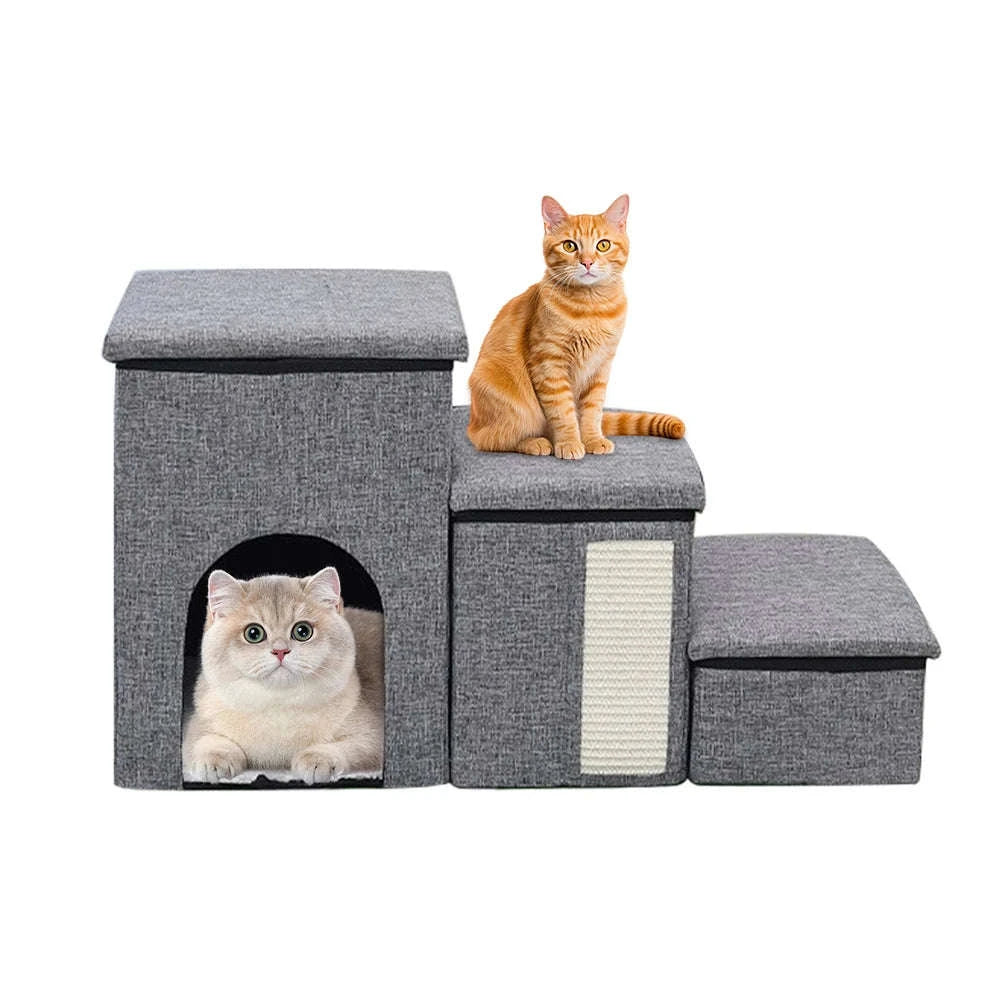Foldable Dog Stairs with Storage 3-Step Pet Ramp for Bed & Sofa-Grey / france