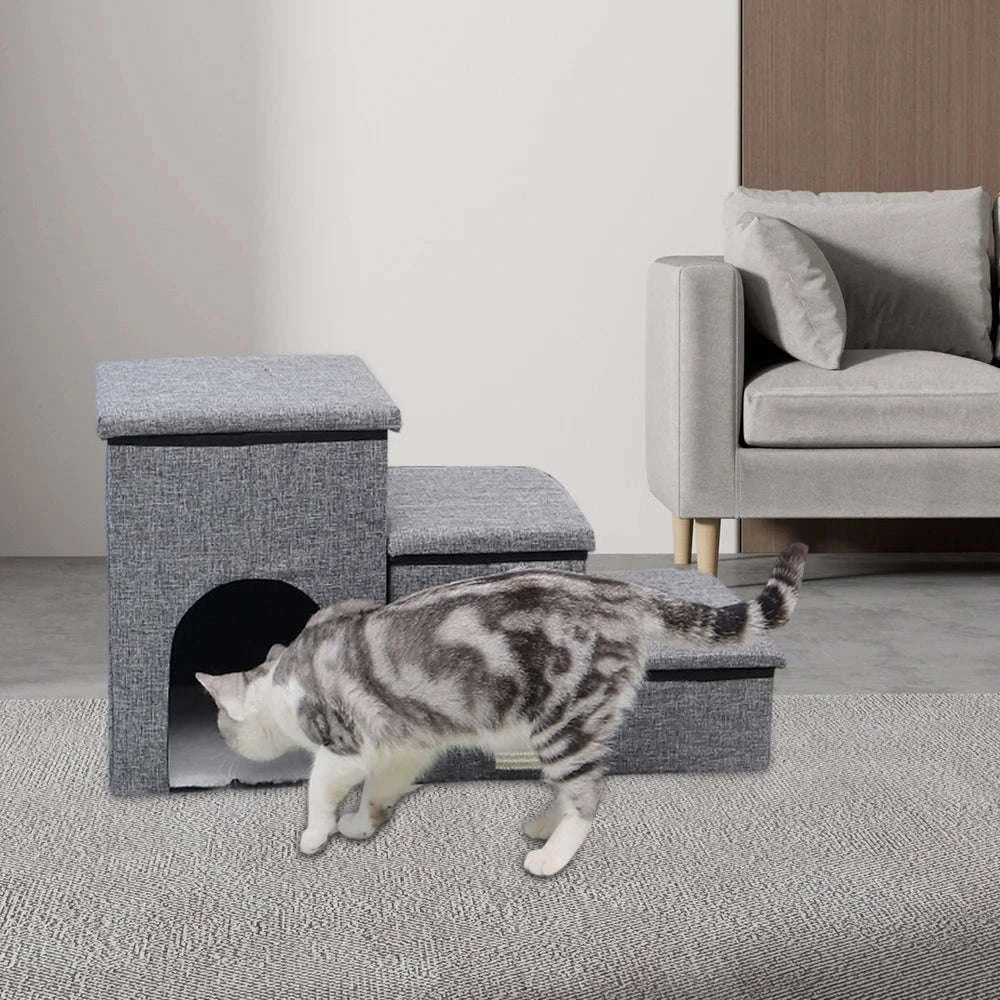 Foldable Dog Stairs with Storage 3-Step Pet Ramp for Bed & Sofa-Grey / france