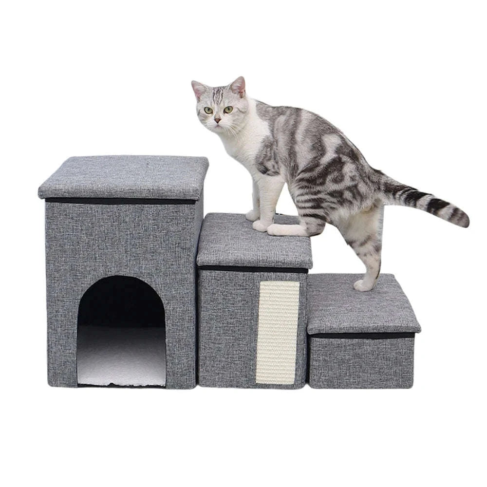Foldable Dog Stairs with Storage 3-Step Pet Ramp for Bed & Sofa-Grey / france