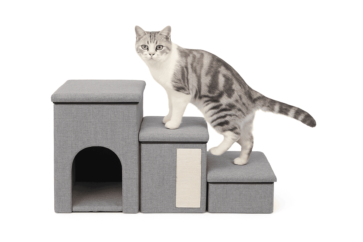Foldable Dog Stairs with Storage 3-Step Pet Ramp for Bed & Sofa-Grey / france