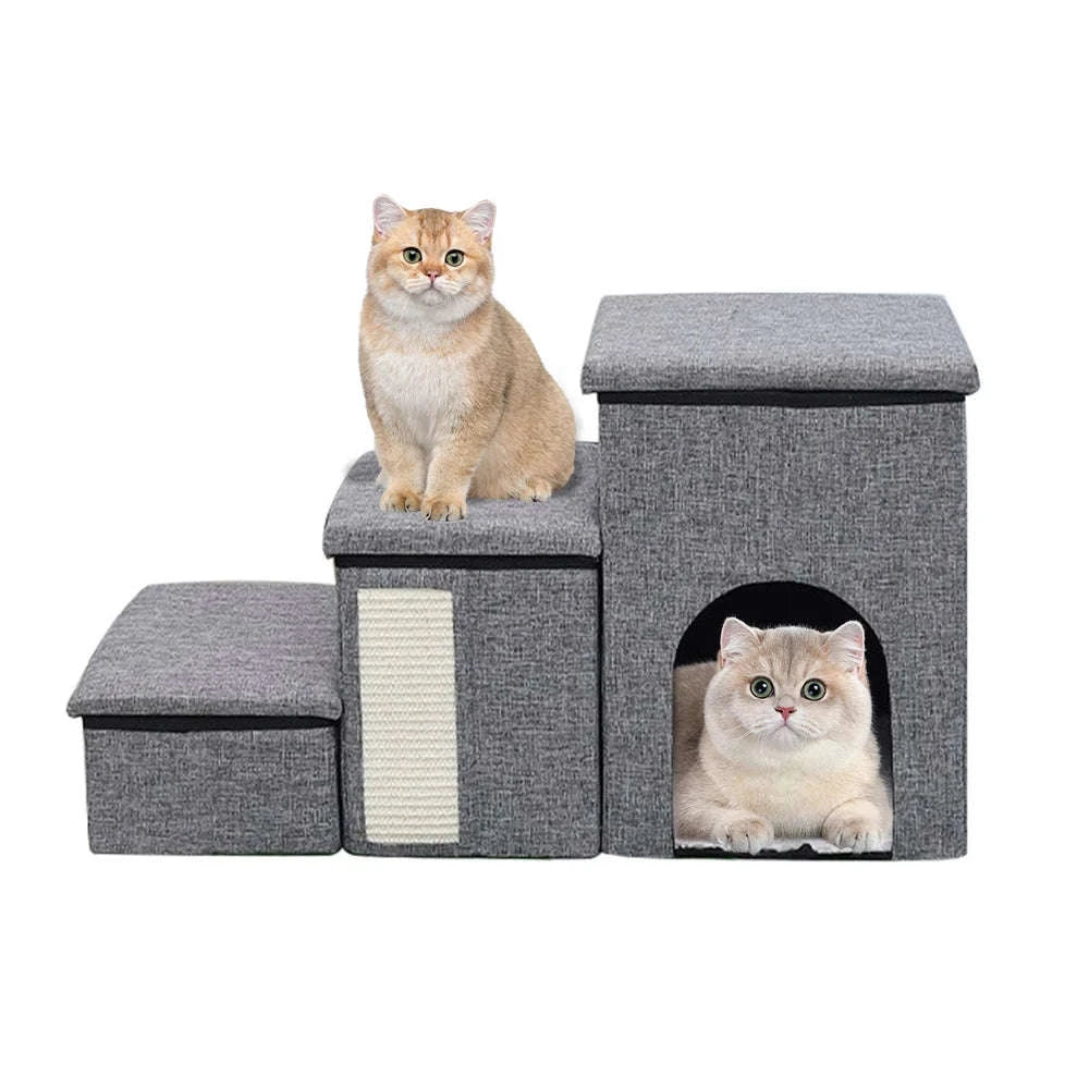 Foldable Dog Stairs with Storage 3-Step Pet Ramp for Bed & Sofa-Grey / france