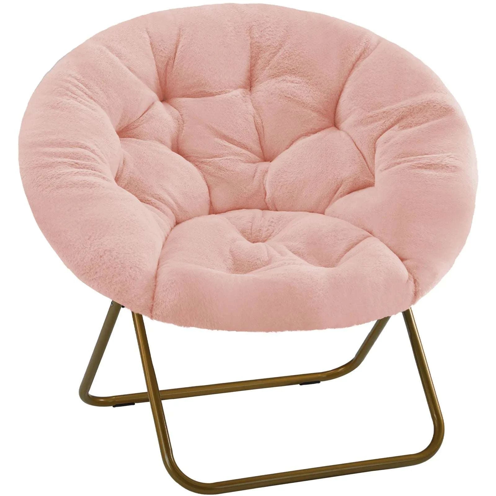 Foldable Faux Fur Saucer Chair with Thick Cushion and Metal Frame-Pink / United States