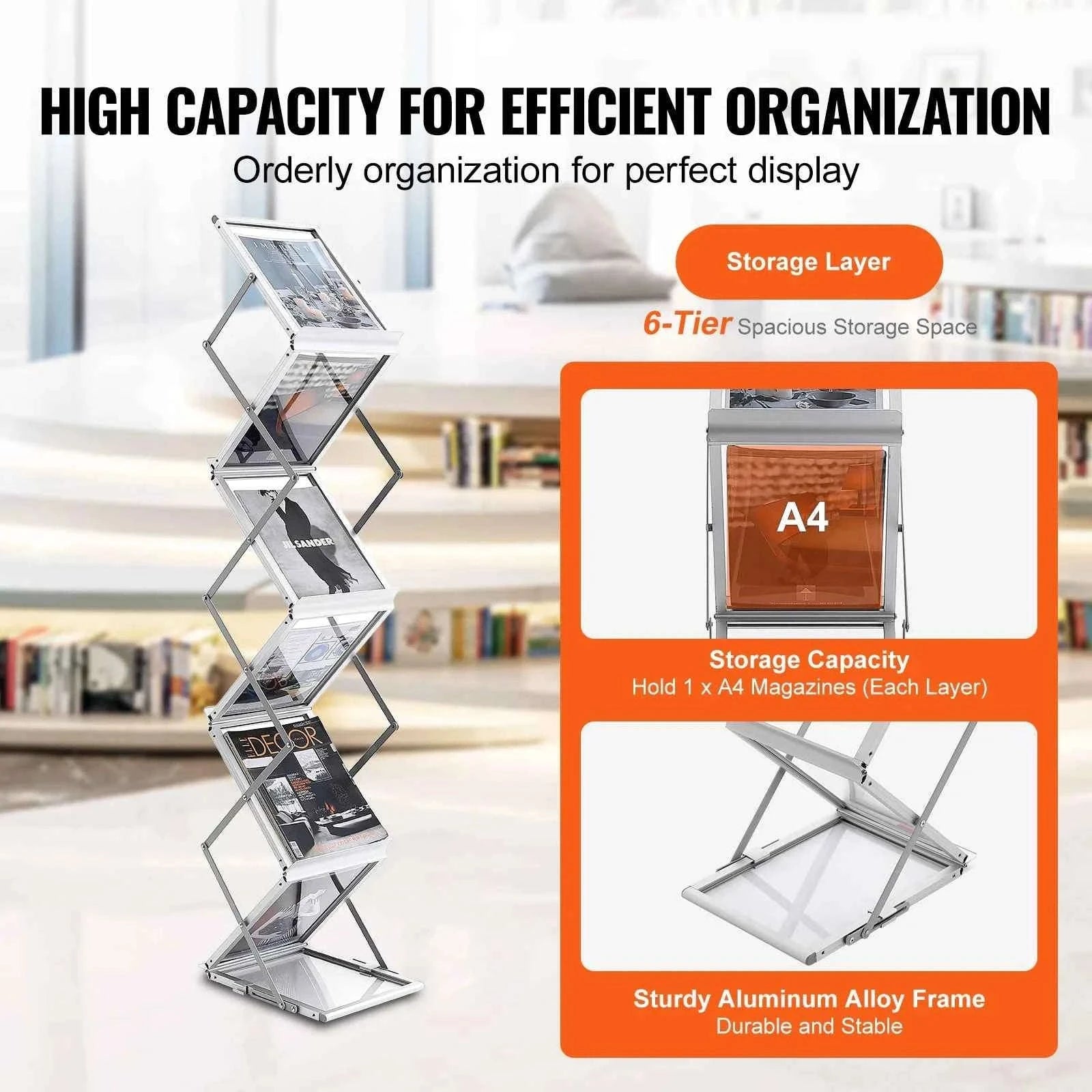 Foldable Magazine Display Rack with 6 Pockets and Carrying Bag-Aluminum Alloy / United States