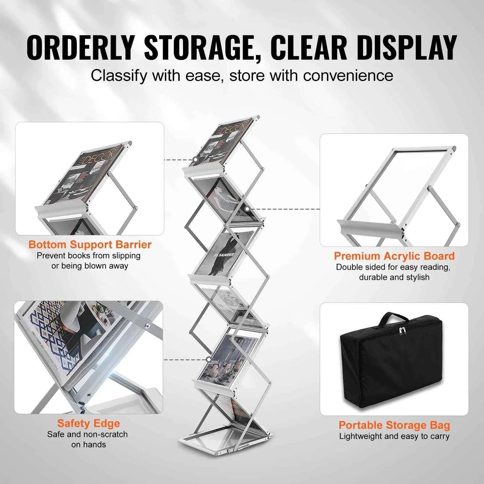 Foldable Magazine Display Rack with 6 Pockets and Carrying Bag-Aluminum Alloy / United States