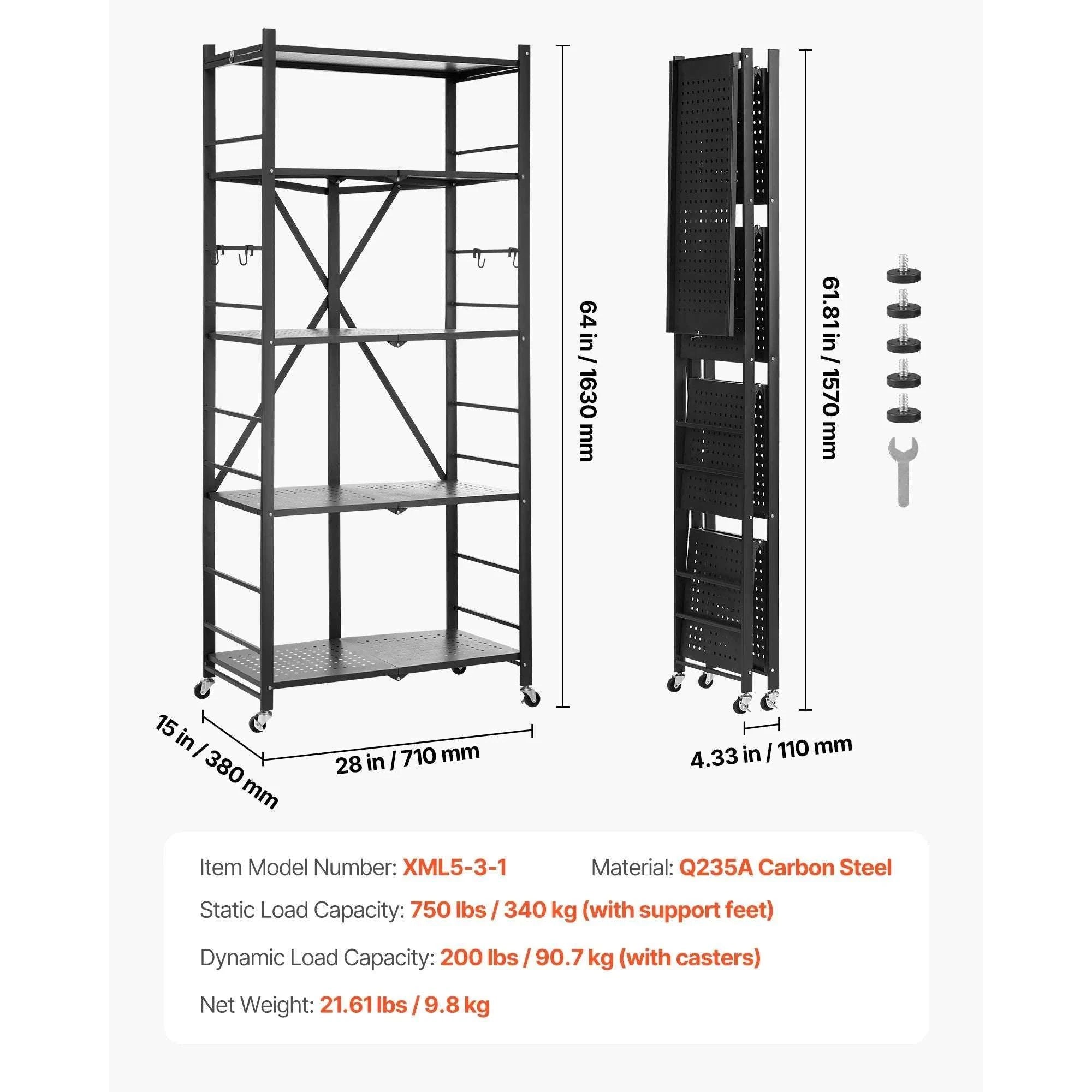 Foldable Metal Storage Shelf with Wheels Heavy Duty Garage Rack-Black 4 Tire / United States