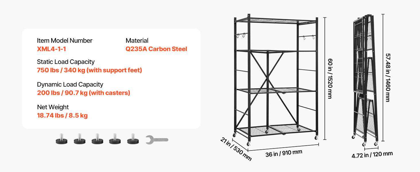 Foldable Metal Storage Shelf with Wheels Heavy Duty Garage Rack-Black 4 Tire / United States