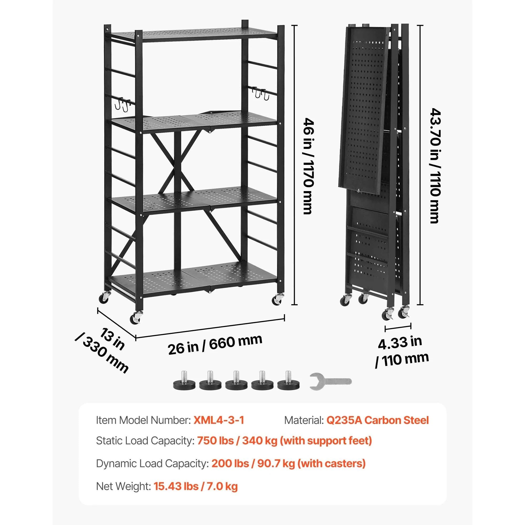 Foldable Storage Shelf with Wheels Heavy Duty Multi-Tier Organizer-4 Tire 13x28x54in / CZECH REPUBLIC