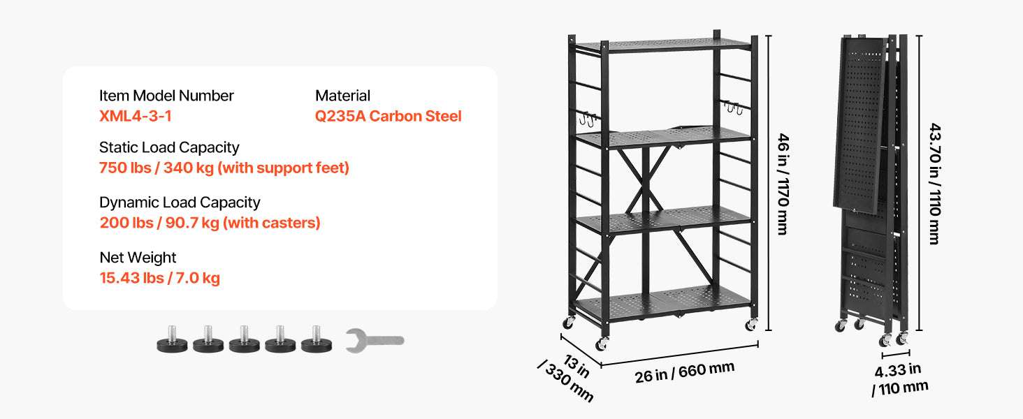 Foldable Storage Shelf with Wheels Heavy Duty Multi-Tier Organizer-4 Tire 13x28x54in / CZECH REPUBLIC