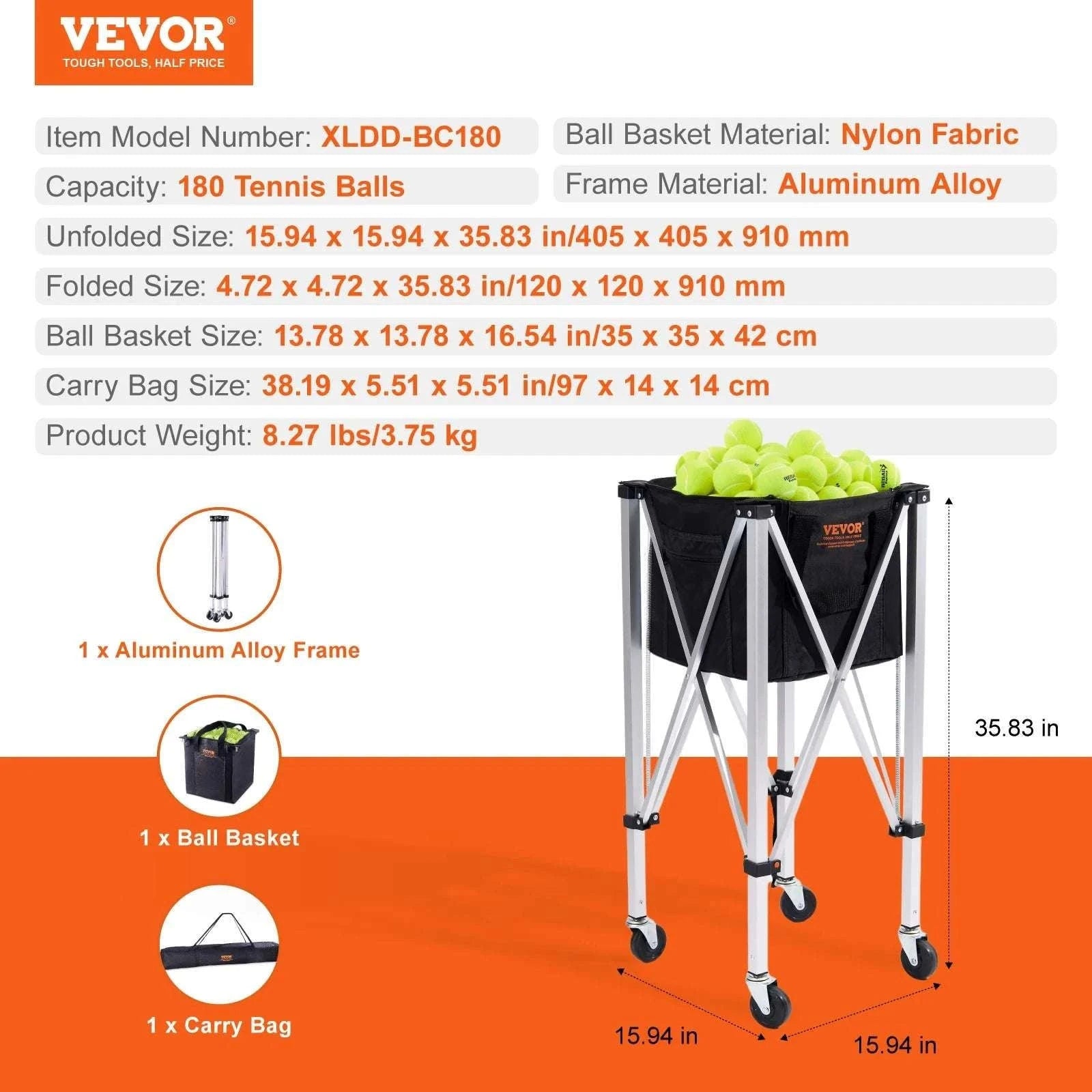 Foldable Tennis Ball Cart with Wheels Holds 150–180 Balls-150 Balls Capacity / spain