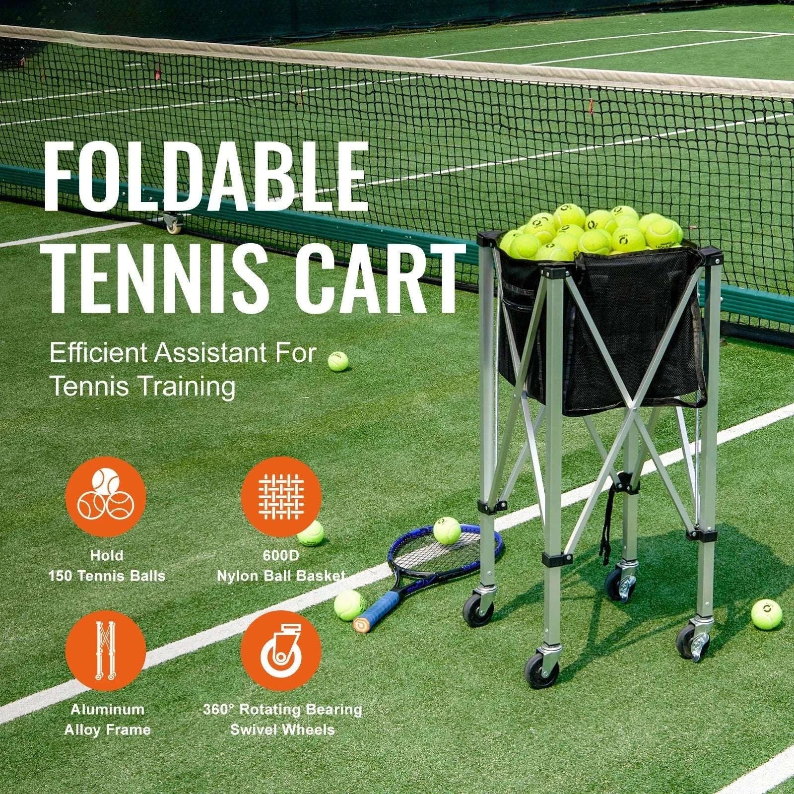 Foldable Tennis Ball Cart with Wheels Holds 150–180 Balls-150 Balls Capacity / spain