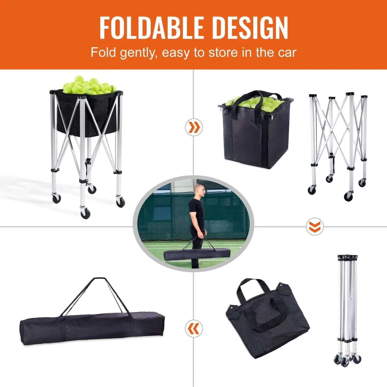 Foldable Tennis Ball Cart with Wheels Holds 150–180 Balls-150 Balls Capacity / spain