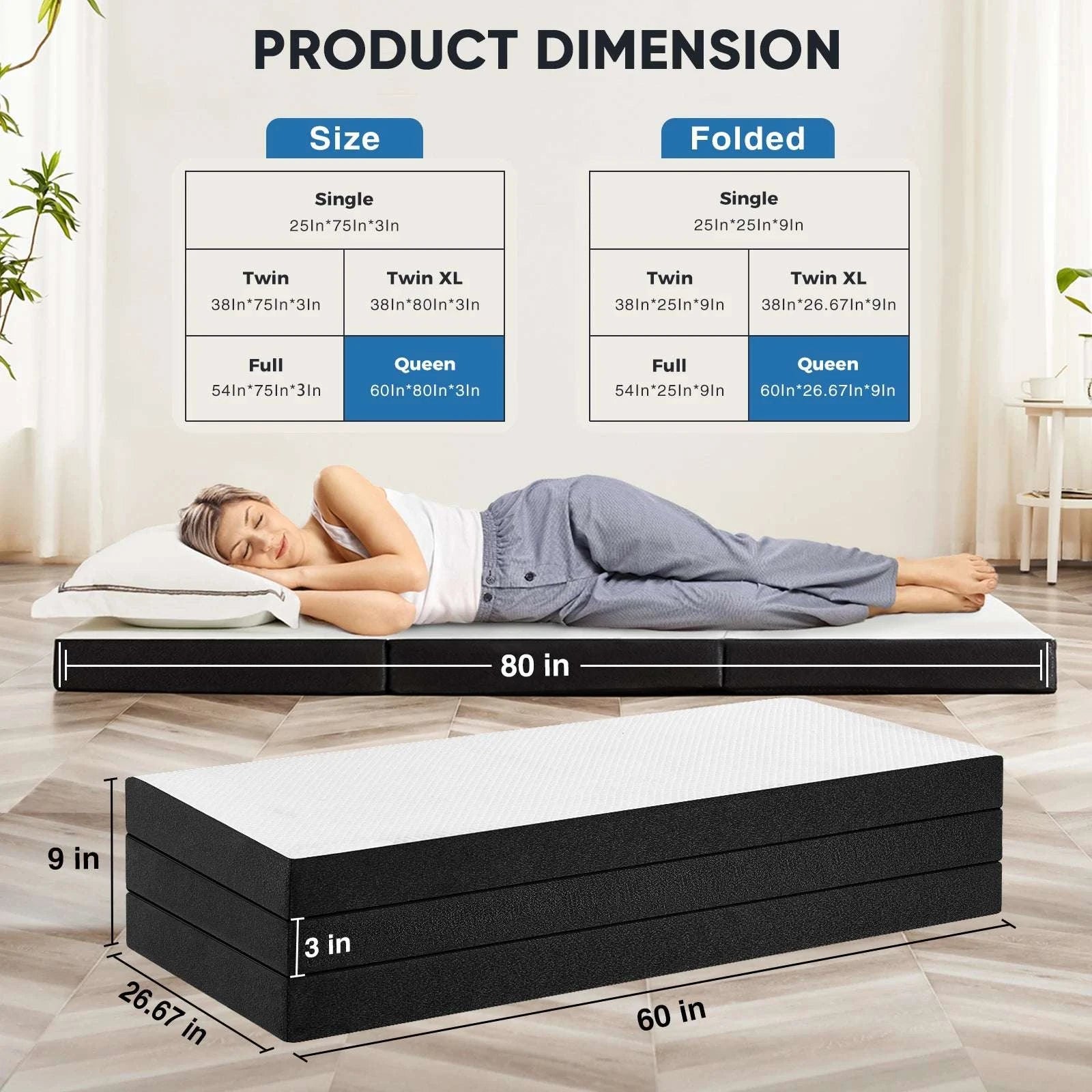 Foldable Tri-Fold Memory Foam Mattress 3 Inch Portable Bed Pad-3 IN / Full / United States