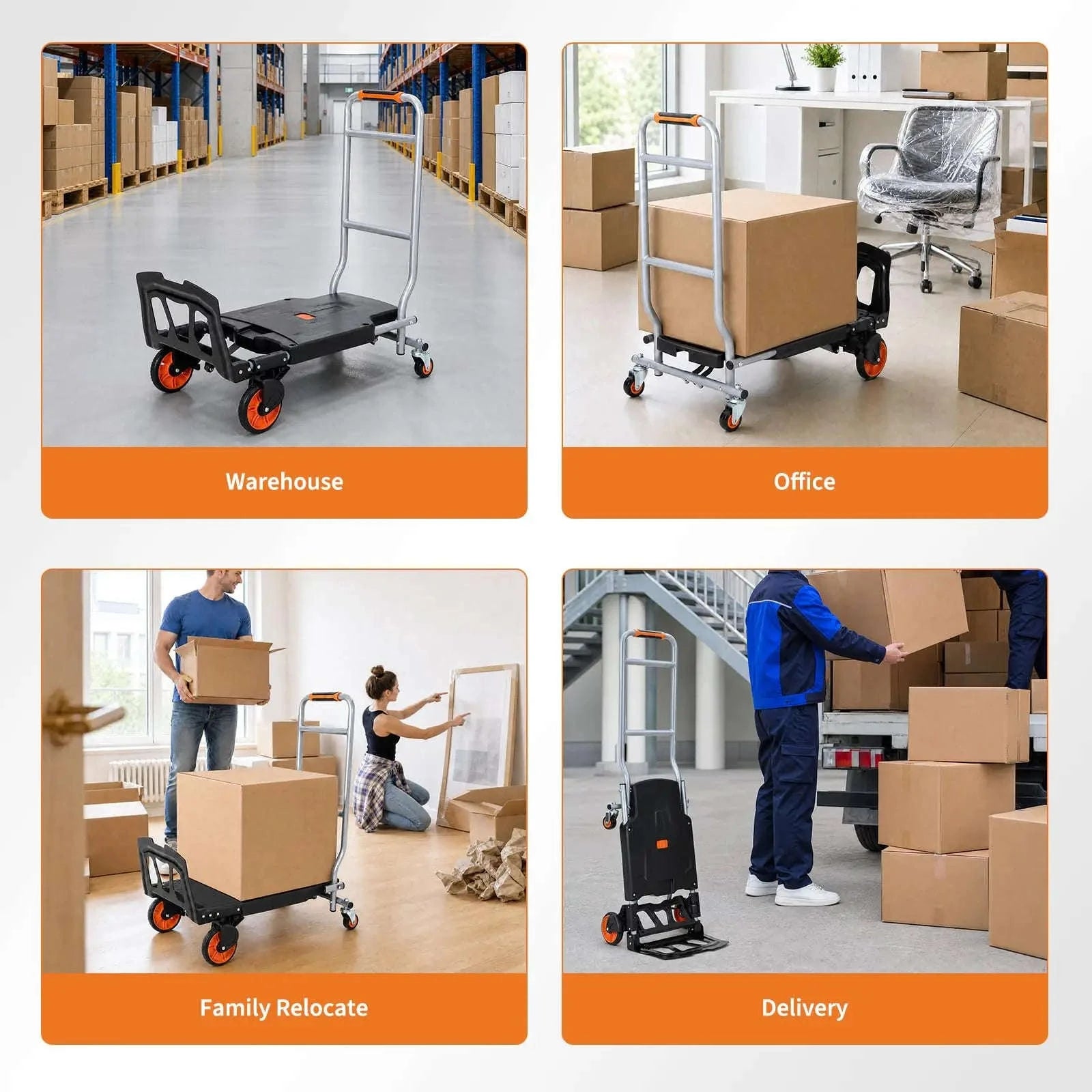 Folding 2-in-1 Hand Truck & Platform Cart, 330LBS Heavy Duty Dolly, Aluminum Steel Moving Cart With 360° Brake Wheels-Black Grey / United States