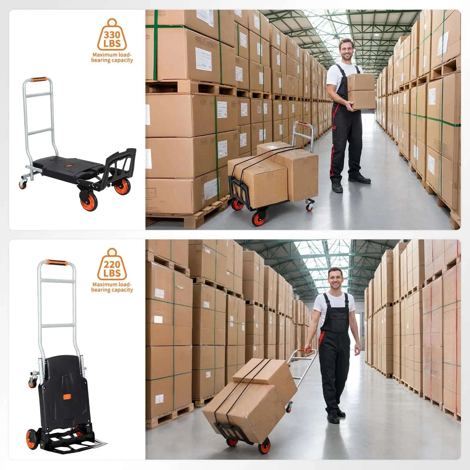 Folding 2-in-1 Hand Truck & Platform Cart, 330LBS Heavy Duty Dolly, Aluminum Steel Moving Cart With 360° Brake Wheels-Black Grey / United States