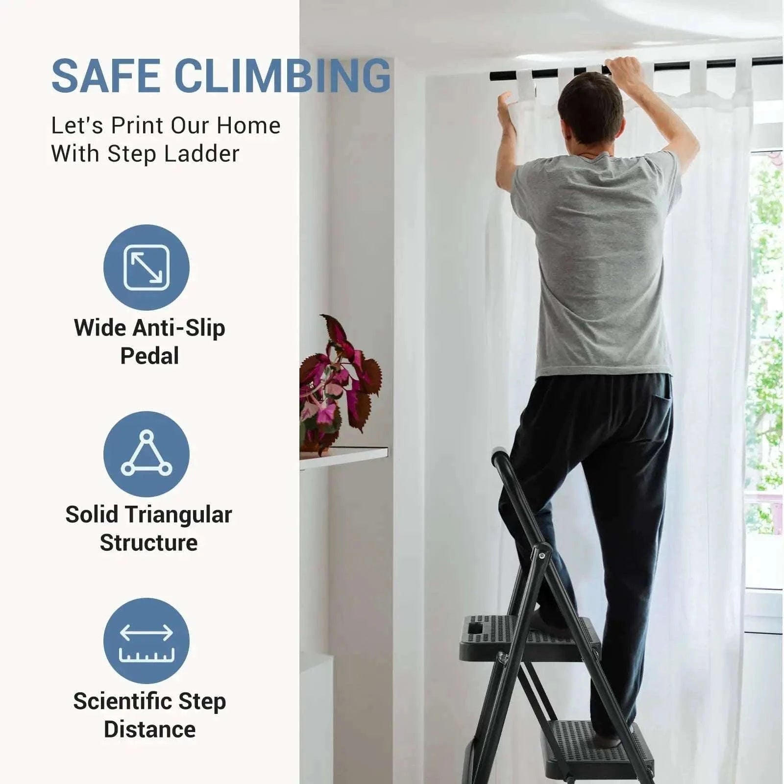 Folding 2-Step Ladder Stool with Anti-Slip Pedals 800 lb Capacity-Blue / United States
