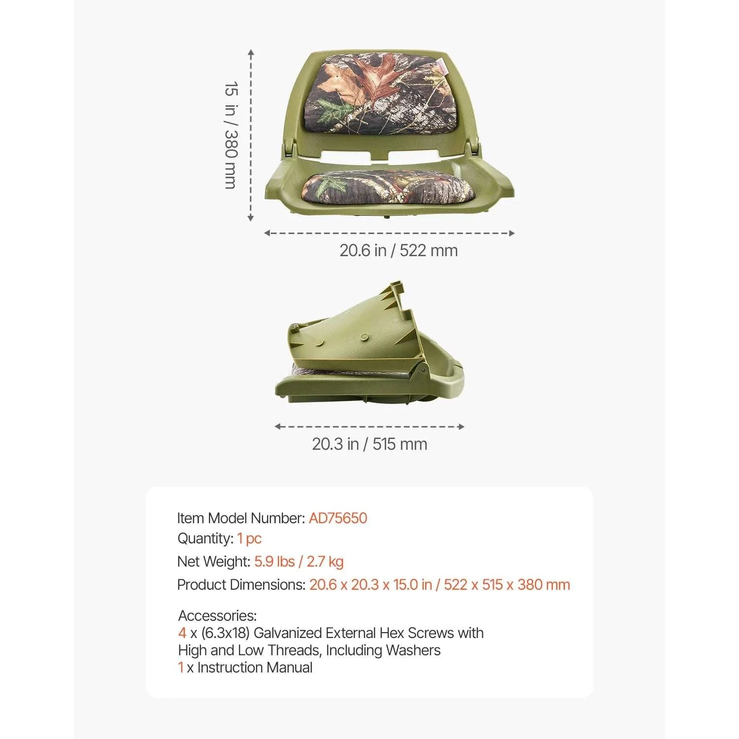 Folding Boat Seat with Thick Cushion & Low Backrest Support-Camouflage Color / france