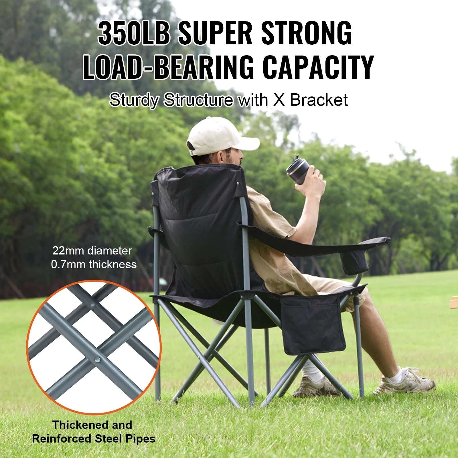 Folding Camping Chair with Lumbar Support and Storage Pockets-United States