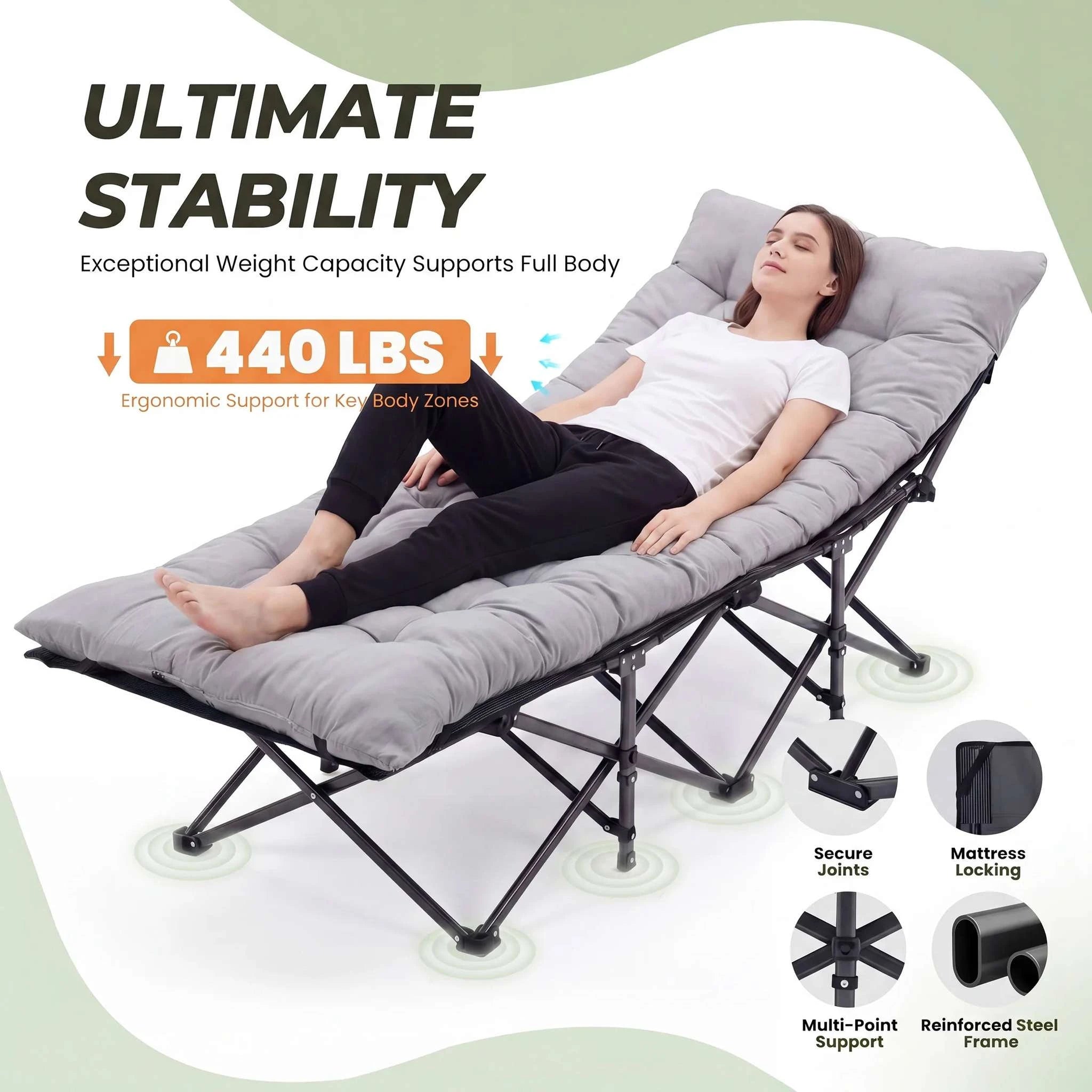 Folding Camping Cot Bed with 3.5'' Cushion & 440 lbs Support-black / United States