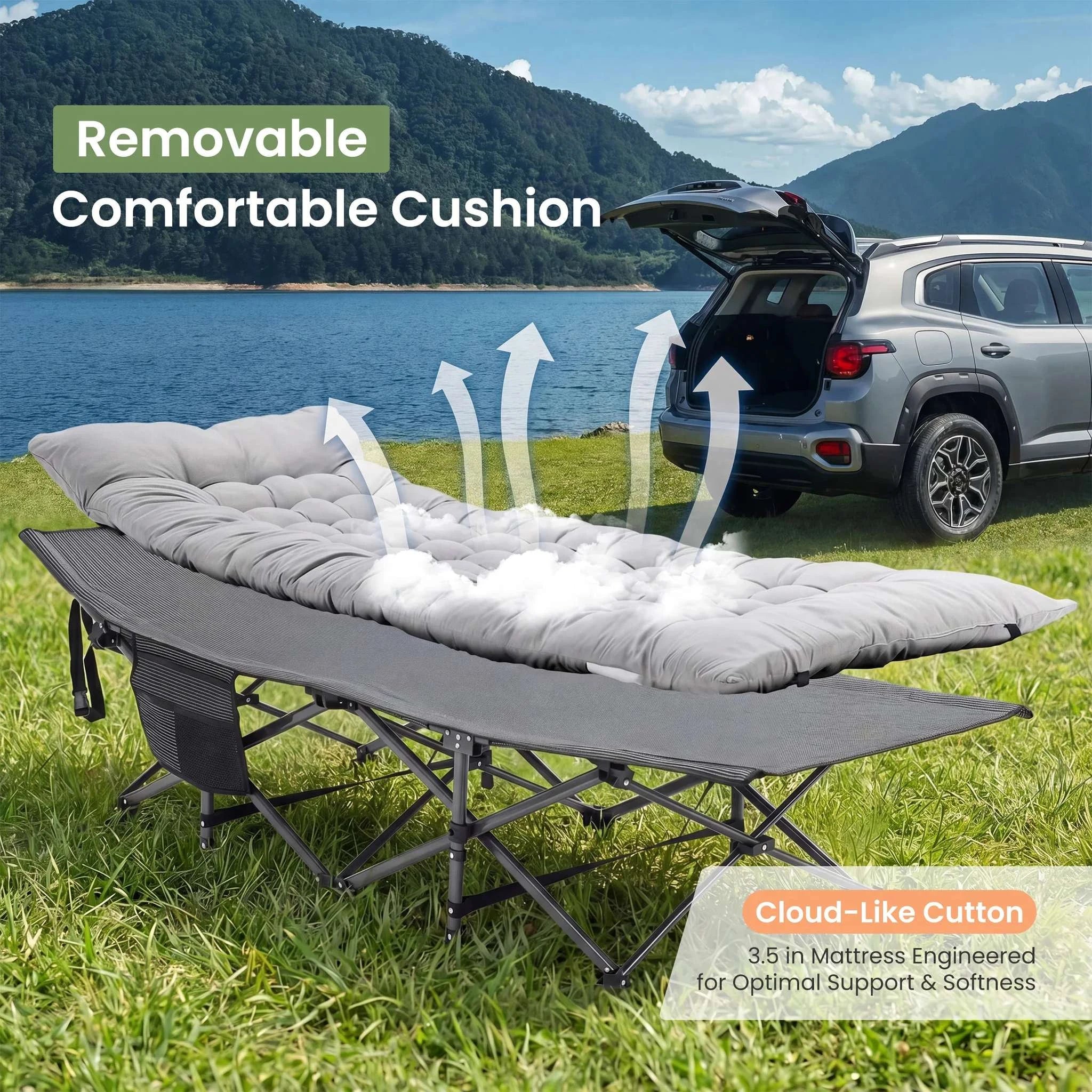 Folding Camping Cot Bed with 3.5'' Cushion & 440 lbs Support-black / United States