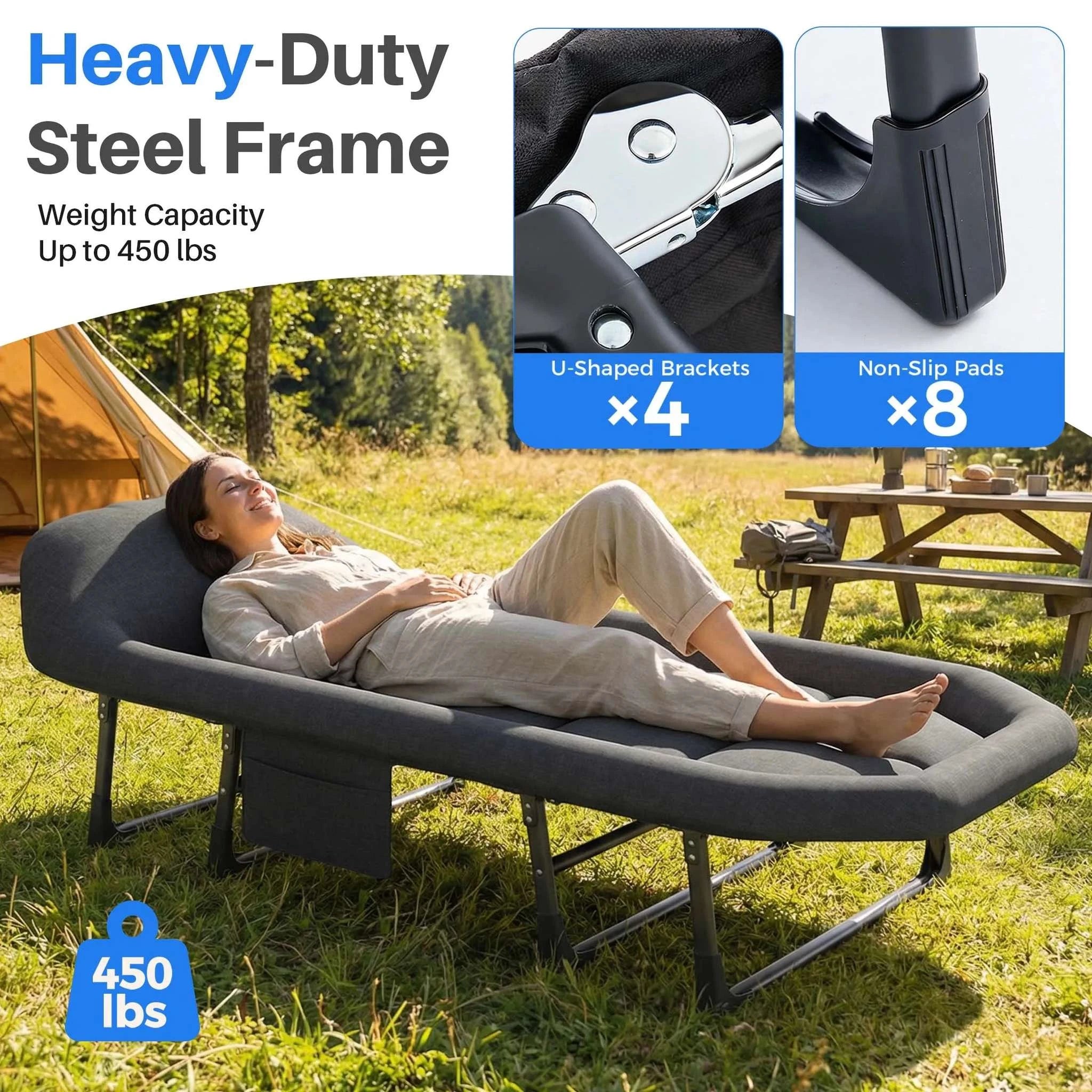 Folding Camping Cot Bed with 3.5" Mattress & Carry Bag-Gray / United States