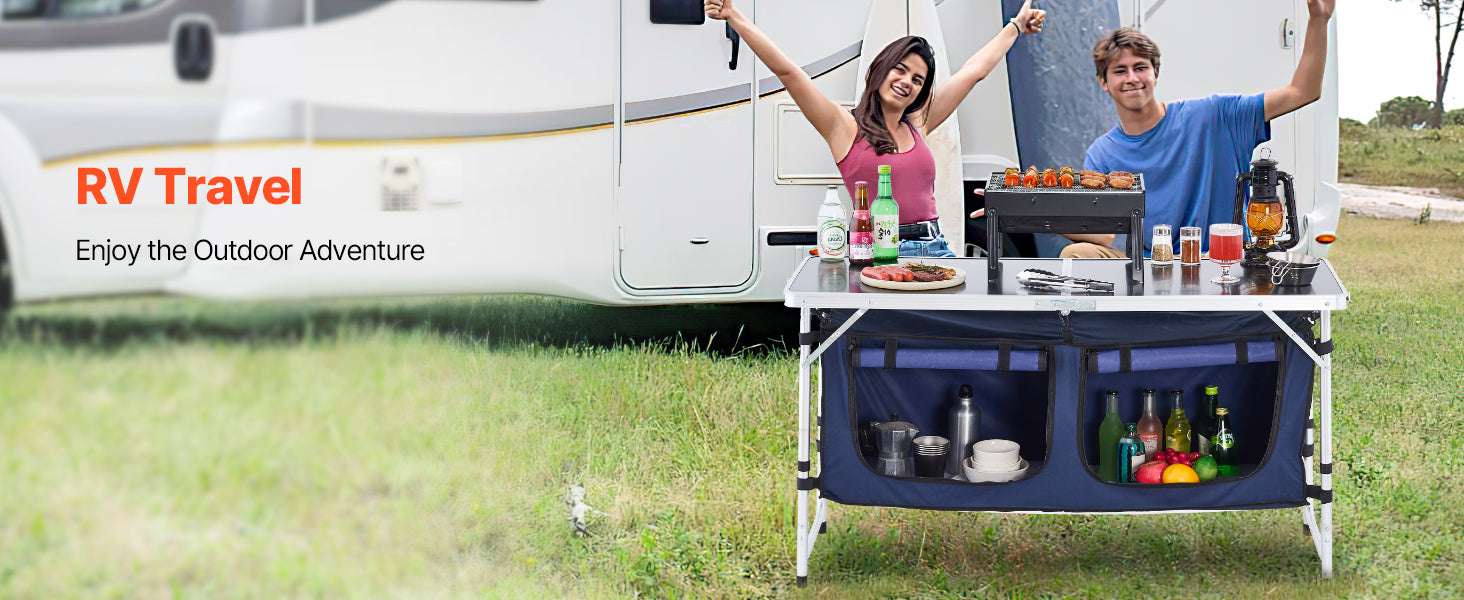 Folding Camping Kitchen Table with Storage & Adjustable Height-Blue / United States