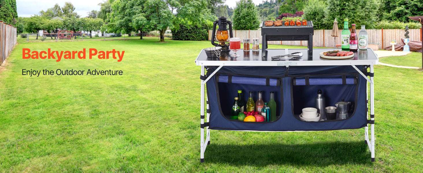 Folding Camping Kitchen Table with Storage & Adjustable Height-Blue / United States