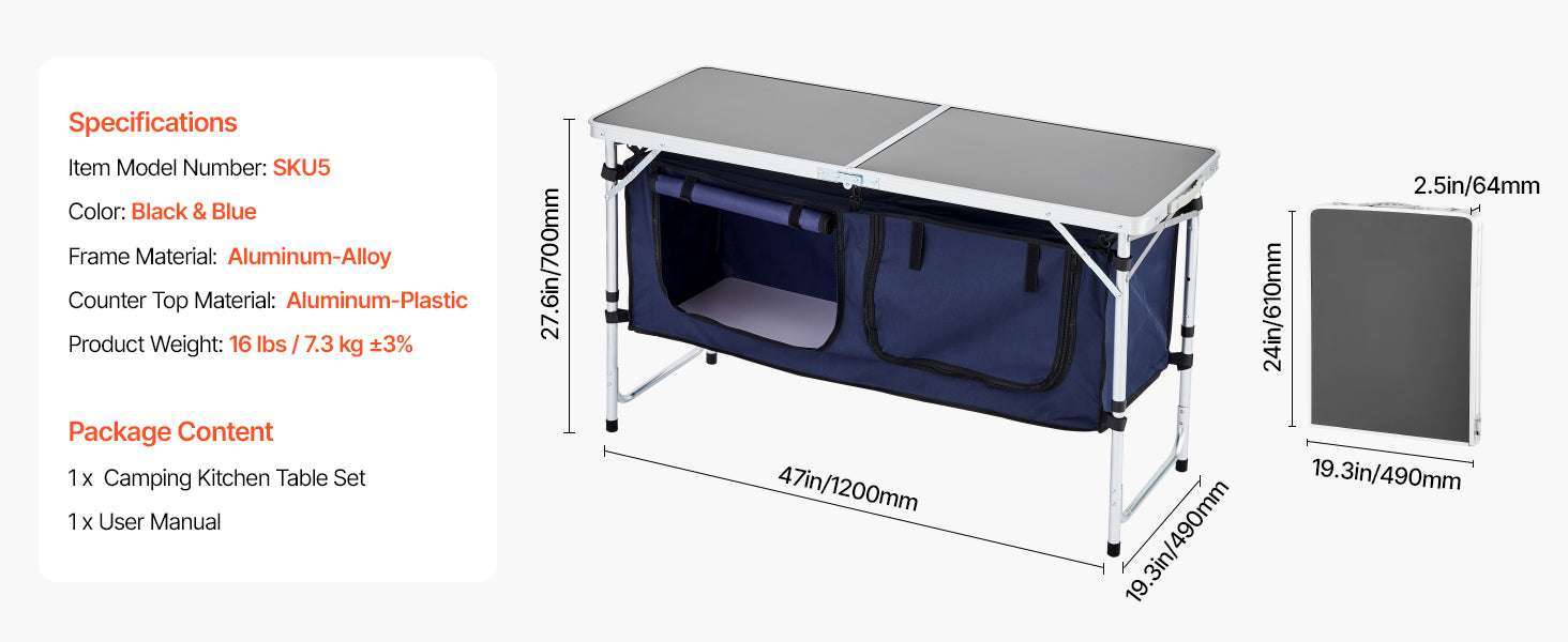 Folding Camping Kitchen Table with Storage & Adjustable Height-Blue / United States