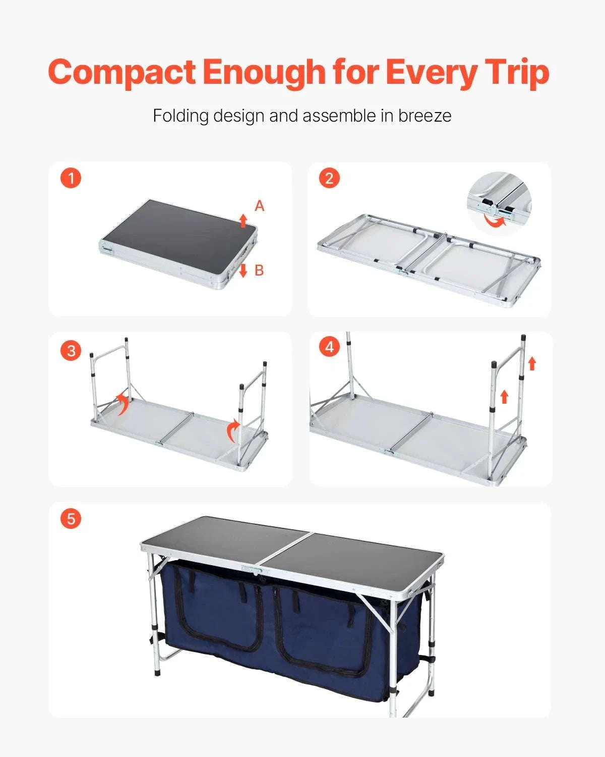 Folding Camping Kitchen Table with Storage & Adjustable Height-Blue / United States