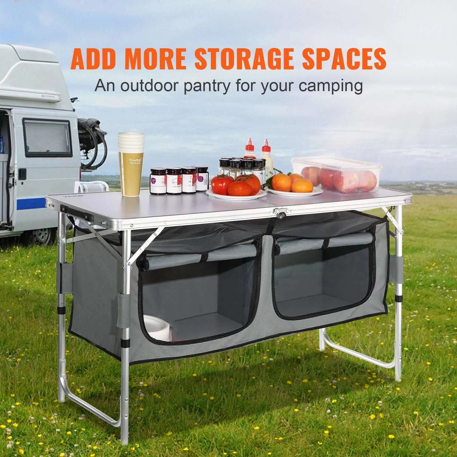 Folding Camping Kitchen Table with Storage & Adjustable Height-United States