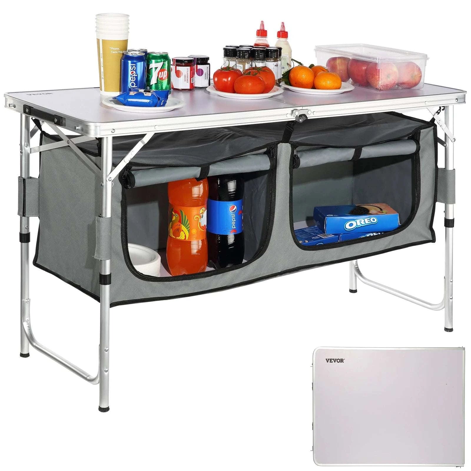 Folding Camping Kitchen Table with Storage & Adjustable Height-United States