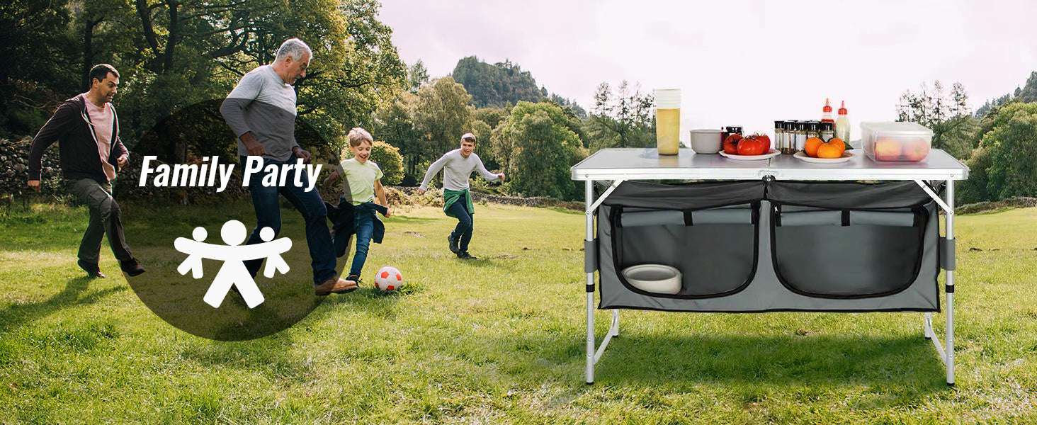 Folding Camping Kitchen Table with Storage & Adjustable Height-United States