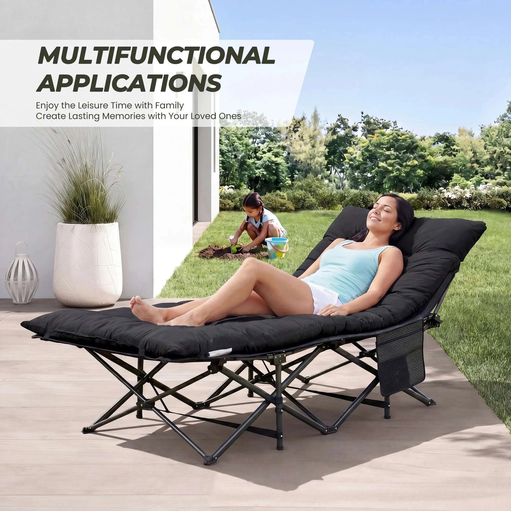 Folding Camping Lounge Chair Bed with Cushion, 440 lbs Support-black / United States