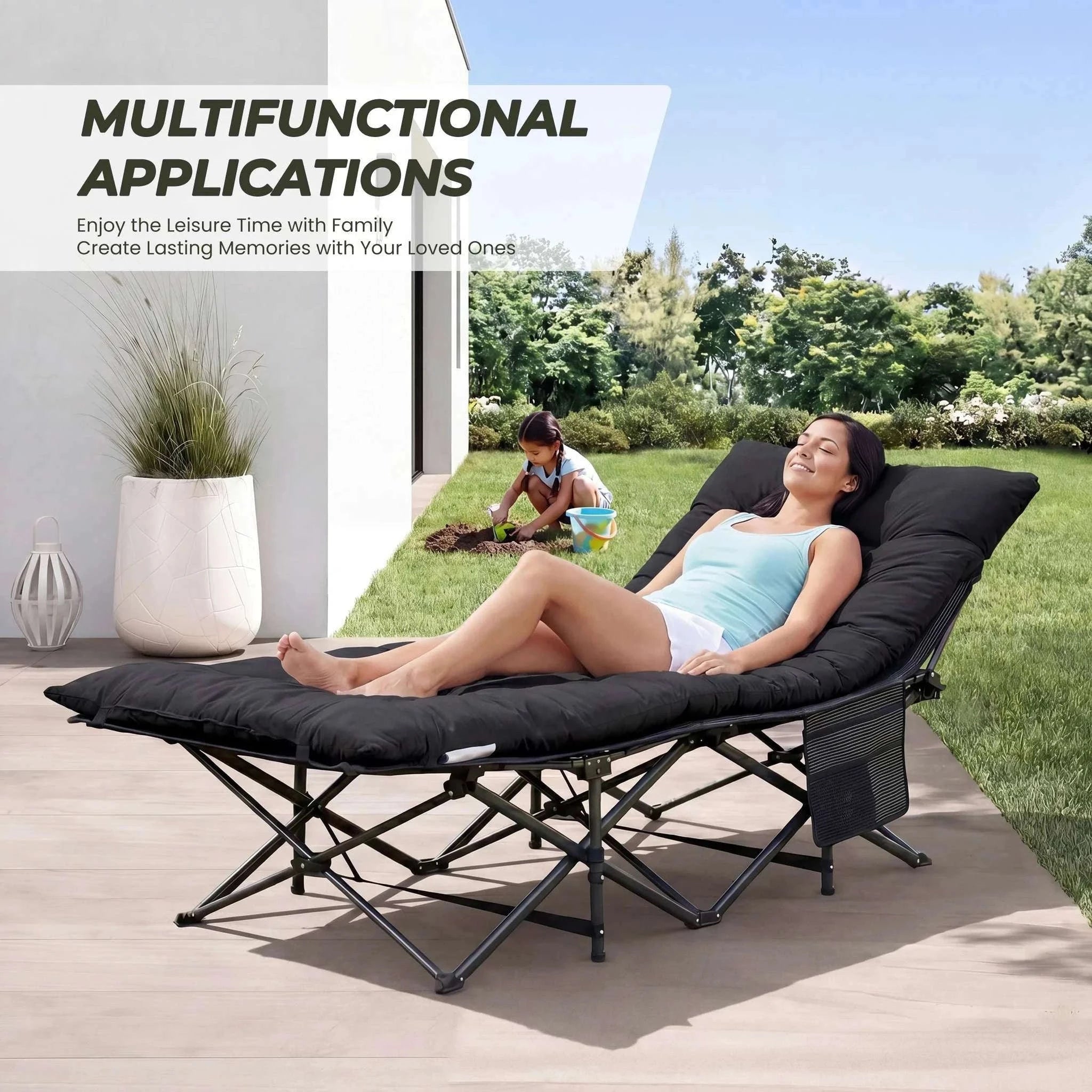 Folding Camping Lounge Chair Bed with Cushion, 440 lbs Support-black / United States