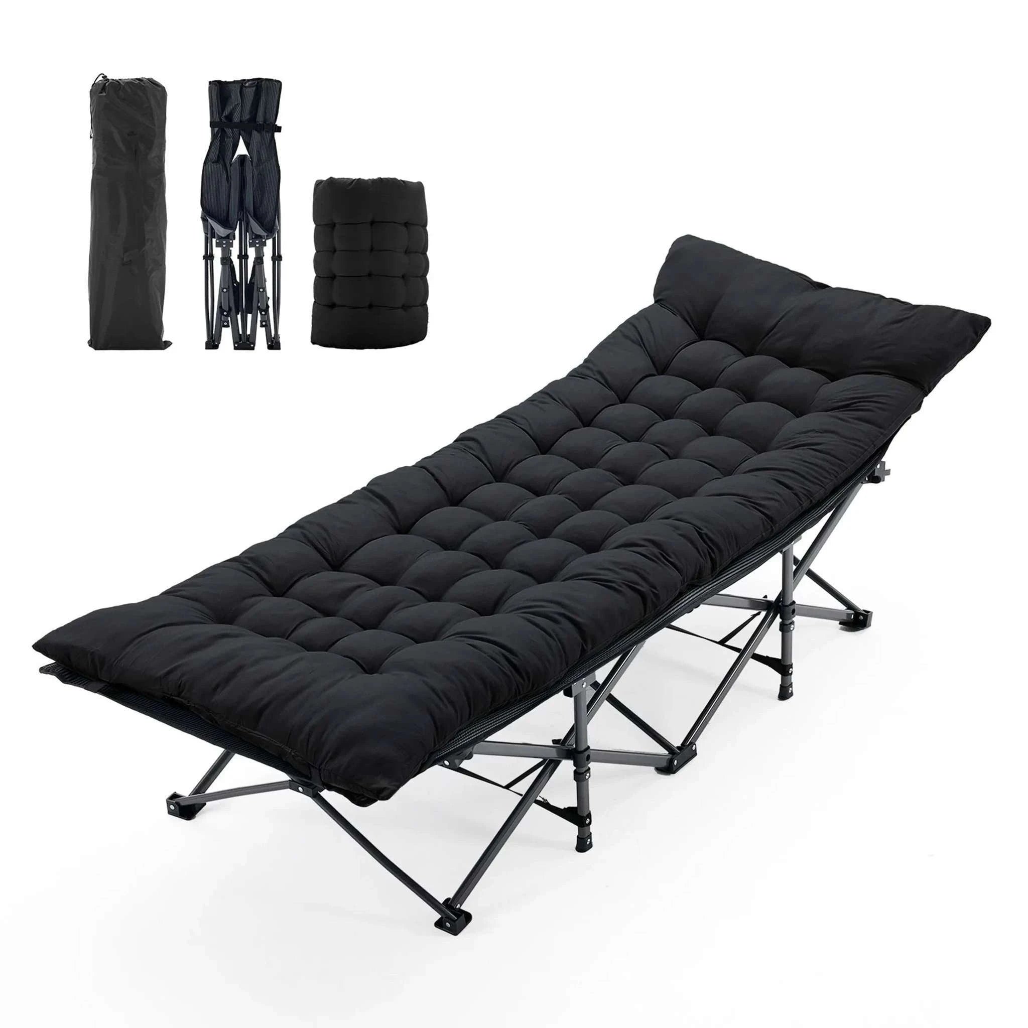 Folding Camping Lounge Chair Bed with Cushion, 440 lbs Support-black / United States
