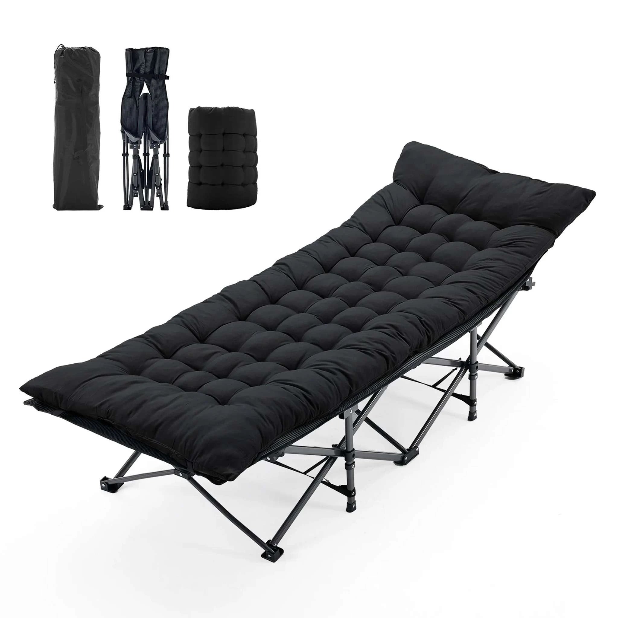 Folding Camping Lounge Chair Bed with Cushion, 440 lbs Support-black / United States