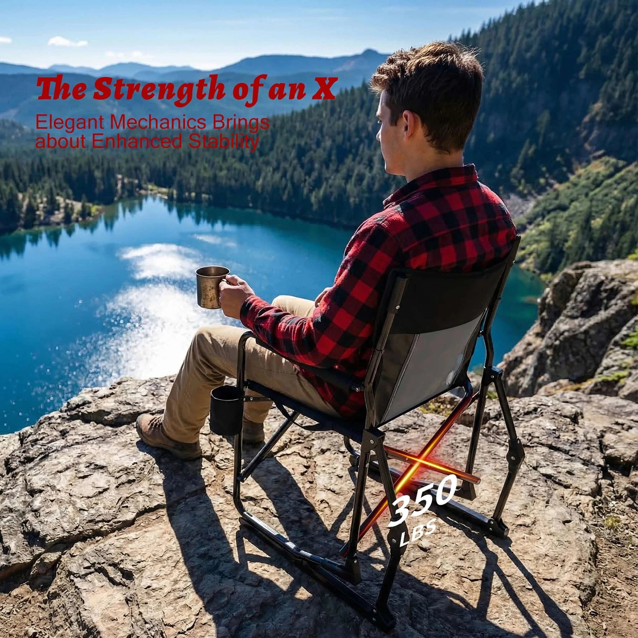 Folding Camping Rocking Chair with Mesh Back & Cup Holder-Blue / United States