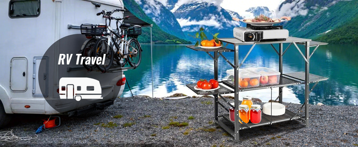 SucceBuy Camping-køkkentafel i ét stykke - sammenklappelig bærbar kogestation af aluminium til camping, udendørs picnics og BBQ