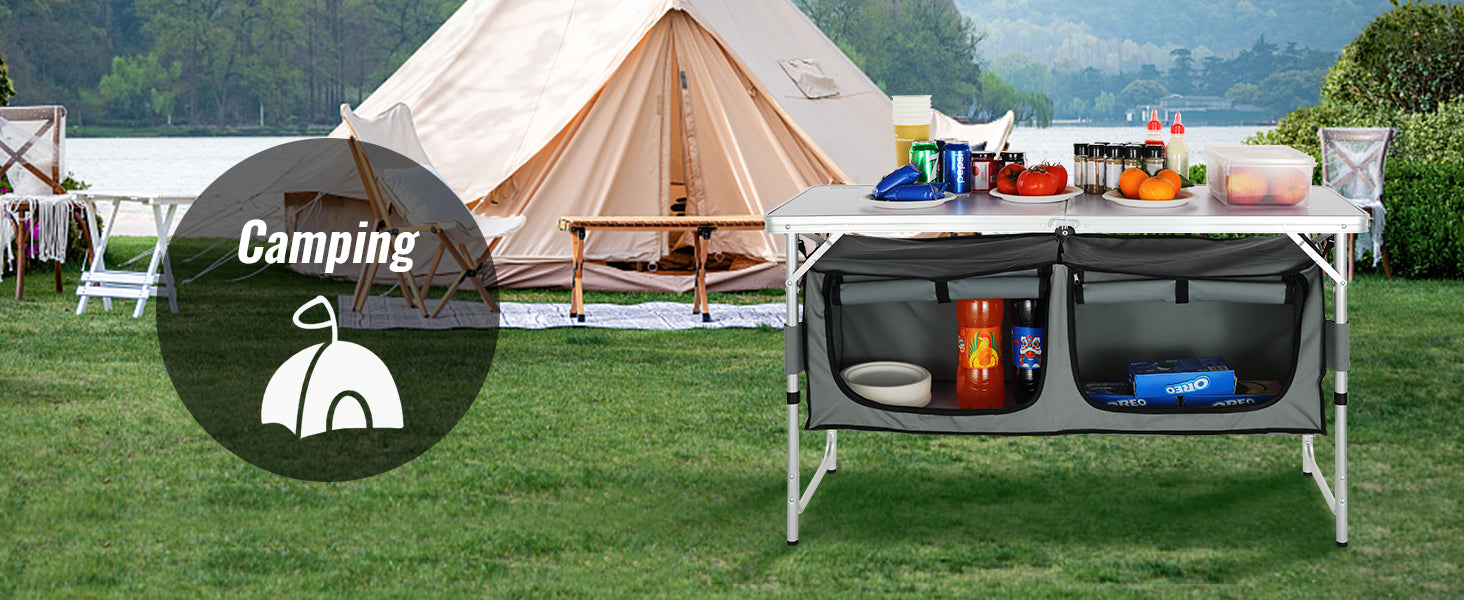 SucceBuyFolding Picnic Table Kitchen Camping Cupboards Aluminum Suitcase Table with Storage Bag Adjustable Height for Outdoor