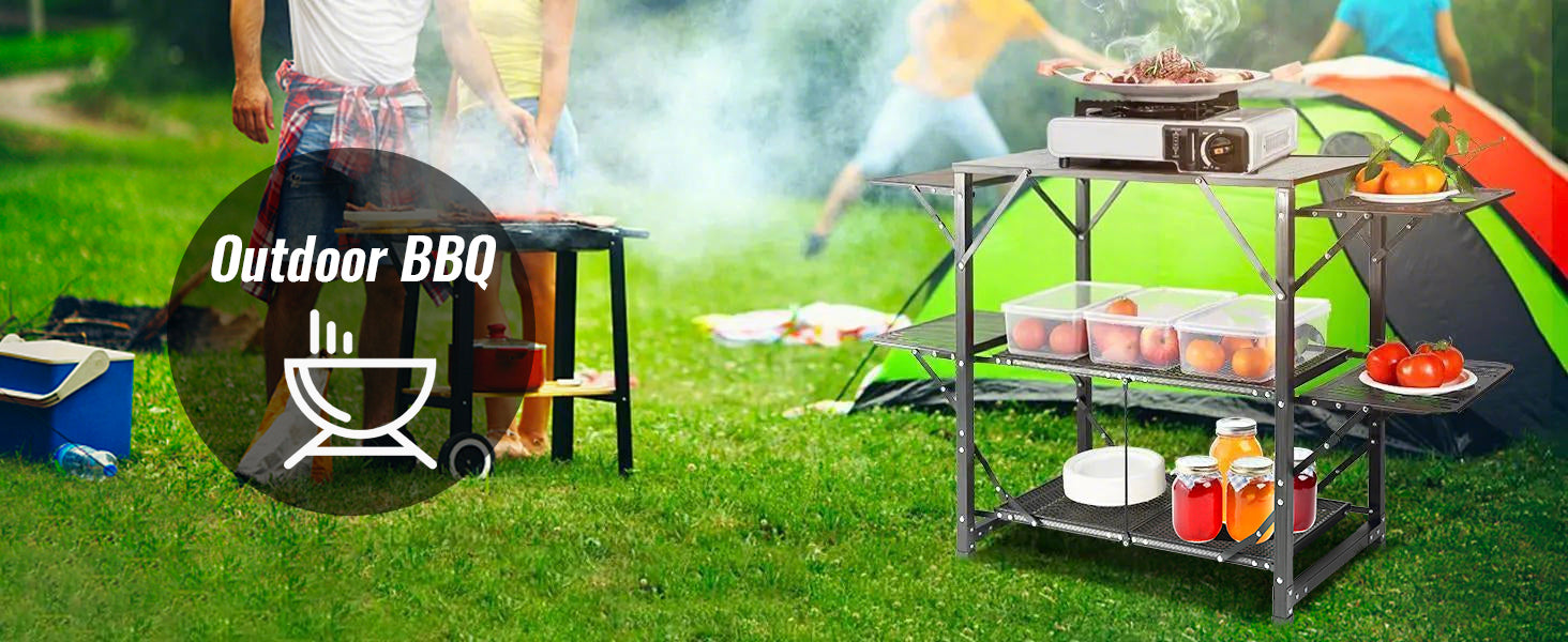 SucceBuy Camping-køkkentafel i ét stykke - sammenklappelig bærbar kogestation af aluminium til camping, udendørs picnics og BBQ