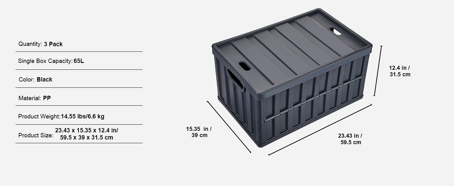 Set de 3 cutii de depozitare pliante, 45 L / 65 L, gainate, rezistente, pentru garaj, cu capace, pentru haine, gustări, produse alimentare.