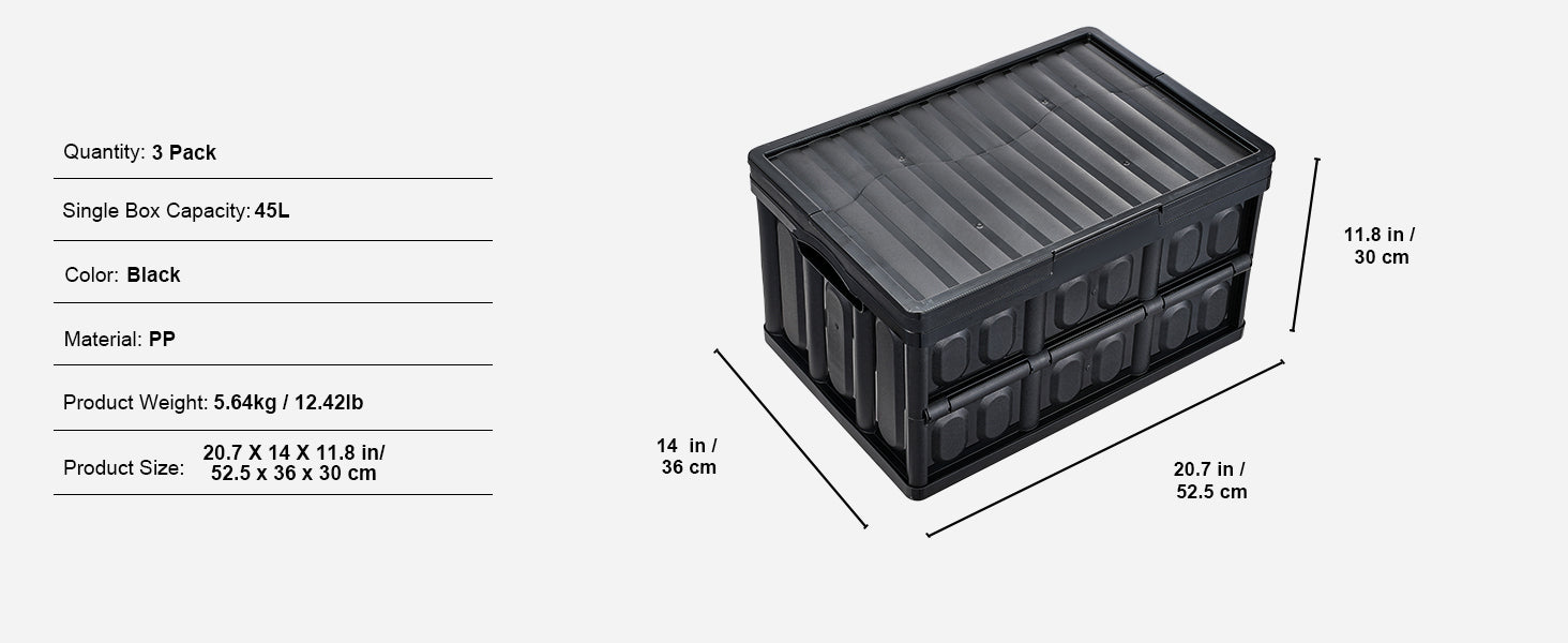 Set de 3 cutii de depozitare pliante, 45 L / 65 L, gainate, rezistente, pentru garaj, cu capace, pentru haine, gustări, produse alimentare.